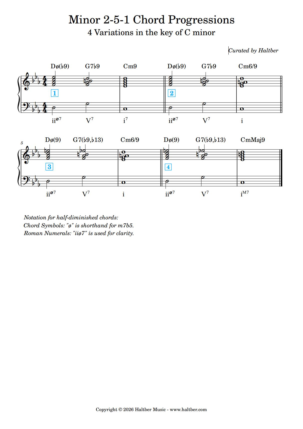 Minor 2-5-1 Chord Progressions - 4 Variations in the key of C minor